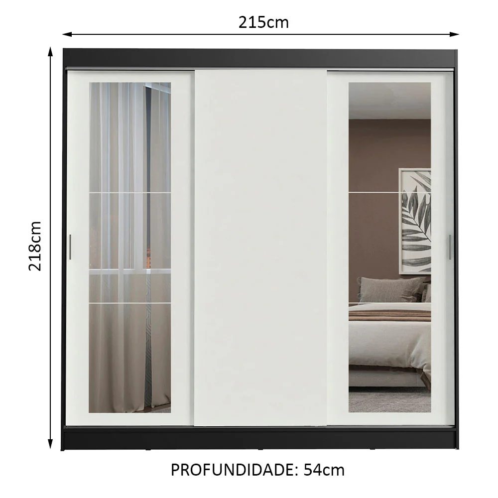 Guarda-Roupa Casal Madesa Kansas 3 Portas de Correr com Espelhos 3 Gavetas Preto/Branco - Image 3