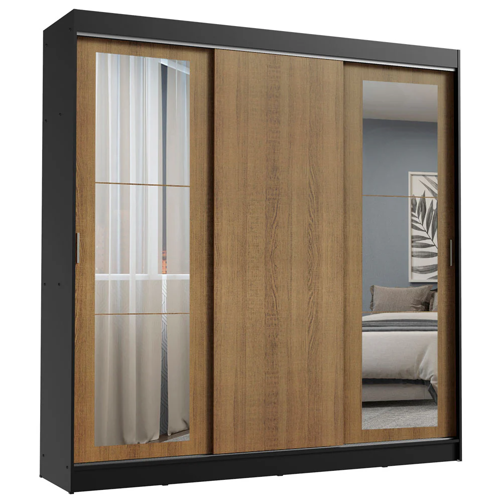Guarda-Roupa Casal Madesa Kansas 3 Portas de Correr com Espelhos 3 Gavetas Preto/Rustic - Image 2