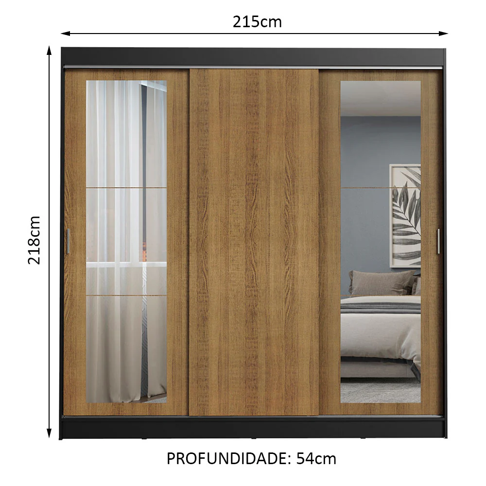 Guarda-Roupa Casal Madesa Kansas 3 Portas de Correr com Espelhos 3 Gavetas Preto/Rustic - Image 3
