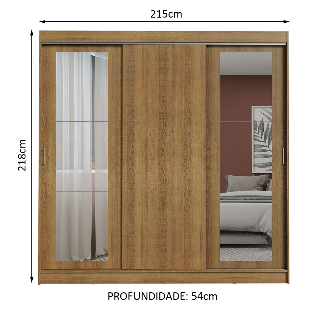 Guarda-Roupa Casal Madesa Kansas 3 Portas de Correr com Espelhos 3 Gavetas Rustic - Image 3