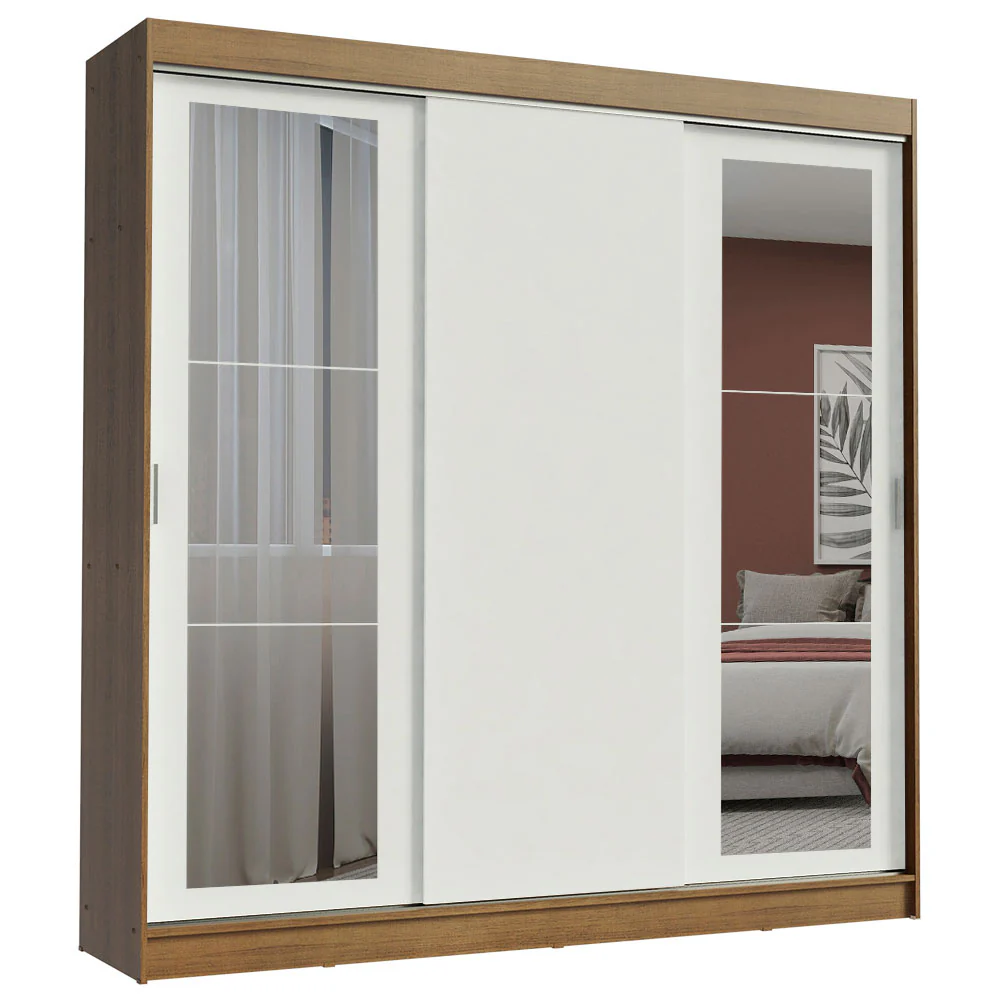 Guarda-Roupa Casal Madesa Kansas 3 Portas de Correr com Espelhos 3 Gavetas Rustic/Branco - Image 2