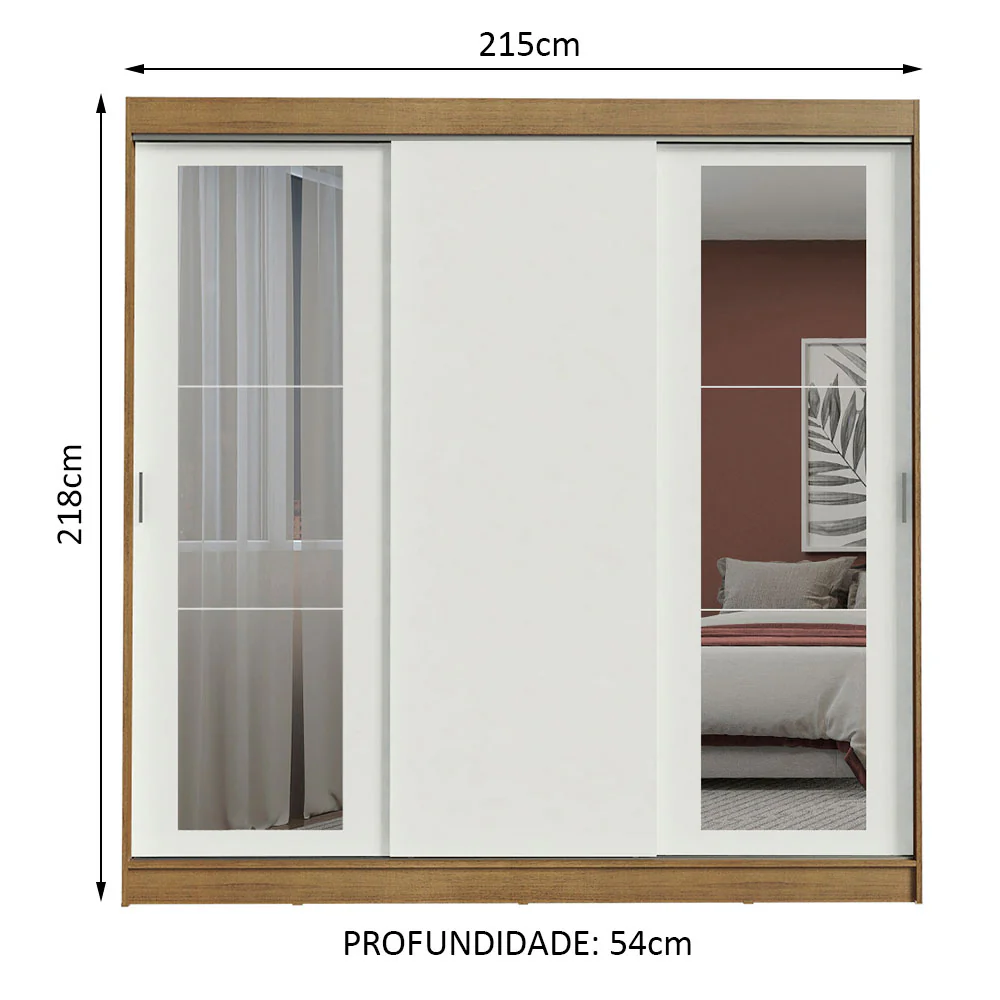 Guarda-Roupa Casal Madesa Kansas 3 Portas de Correr com Espelhos 3 Gavetas Rustic/Branco - Image 3
