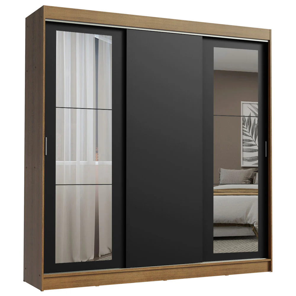 Guarda-Roupa Casal Madesa Kansas 3 Portas de Correr com Espelhos 3 Gavetas Rustic/Preto - Image 2