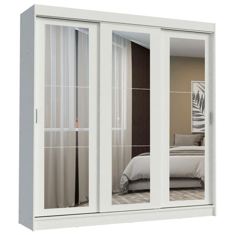 Guarda-Roupa Casal Madesa Kansas 3 Portas de Correr de Espelho 3 Gavetas Branco - Image 2