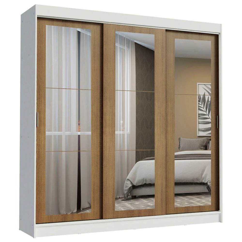 Guarda-Roupa Casal Madesa Kansas 3 Portas de Correr de Espelho 3 Gavetas Branco/Rustic - Image 2