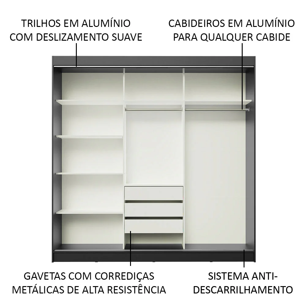 Guarda-Roupa Casal Madesa Kansas 3 Portas de Correr de Espelho 3 Gavetas Preto - Image 5