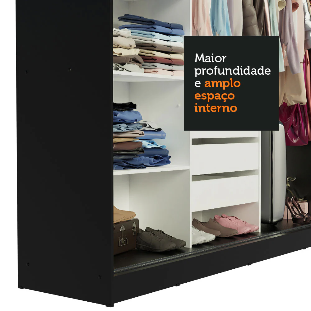 Guarda-Roupa Casal Madesa Kansas 3 Portas de Correr de Espelho 3 Gavetas Preto/Branco - Image 7