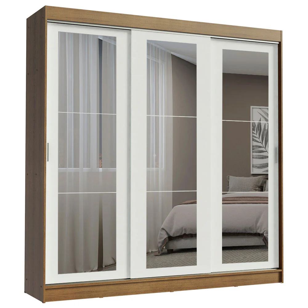 Guarda-Roupa Casal Madesa Kansas 3 Portas de Correr de Espelho 3 Gavetas Rustic/Branco - Image 2