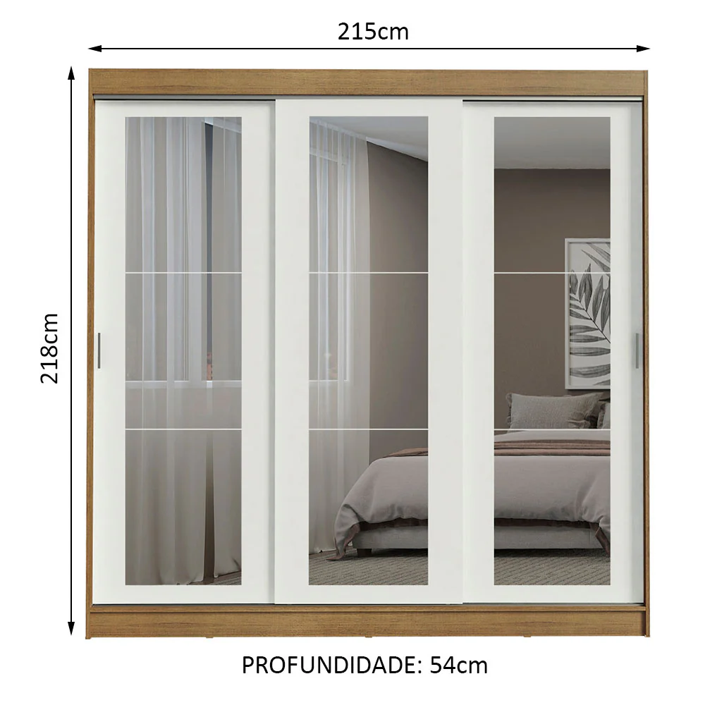 Guarda-Roupa Casal Madesa Kansas 3 Portas de Correr de Espelho 3 Gavetas Rustic/Branco - Image 3
