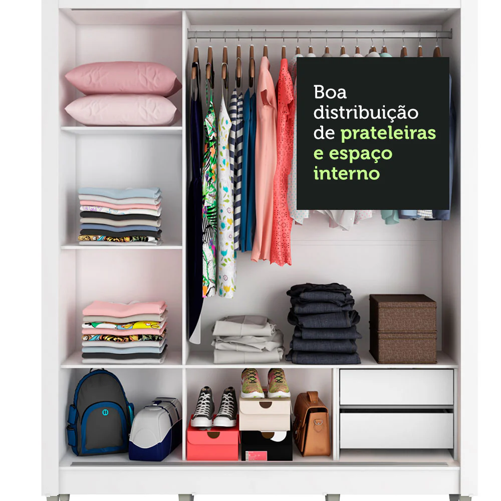 Guarda-Roupa Casal Madesa Lyon 3 Portas de Correr 2 Gavetas com Pés Branco - Image 6