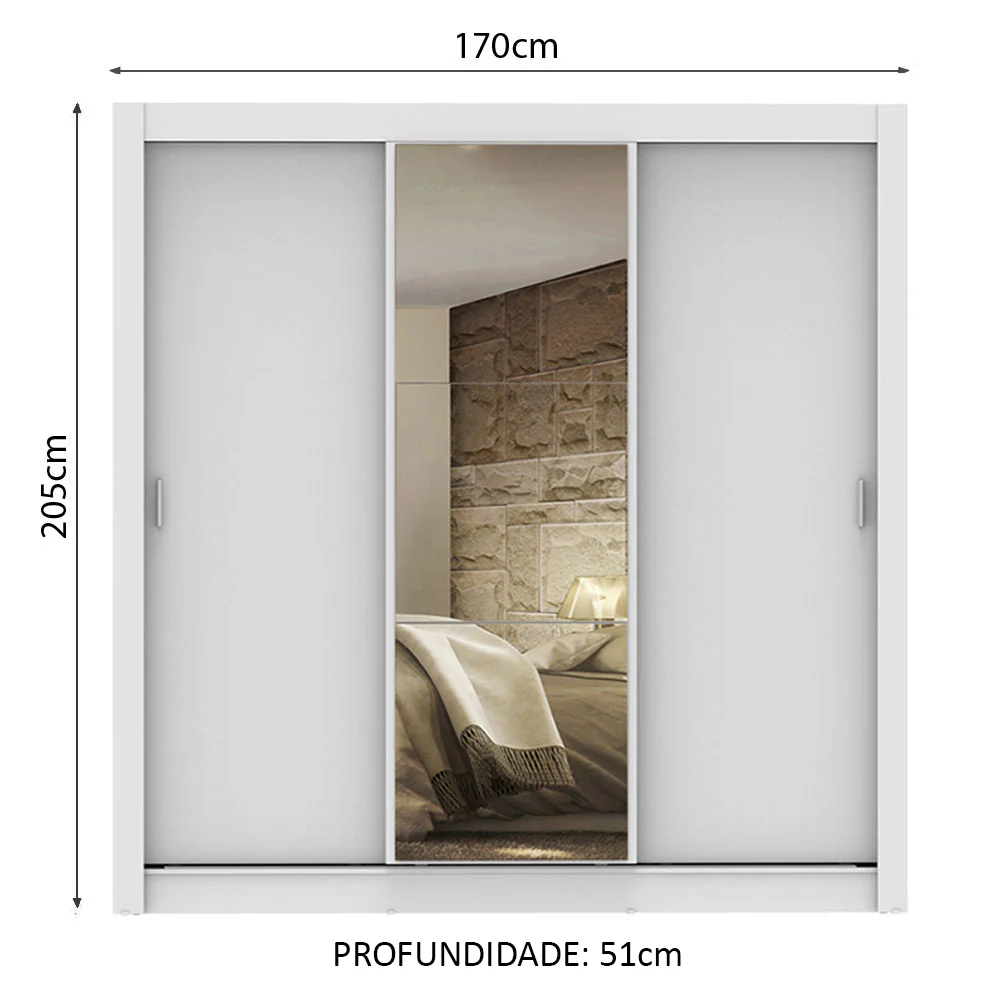 Guarda-Roupa Casal Madesa Lyon 3 Portas de Correr com Espelho 2 Gavetas Branco - Image 3