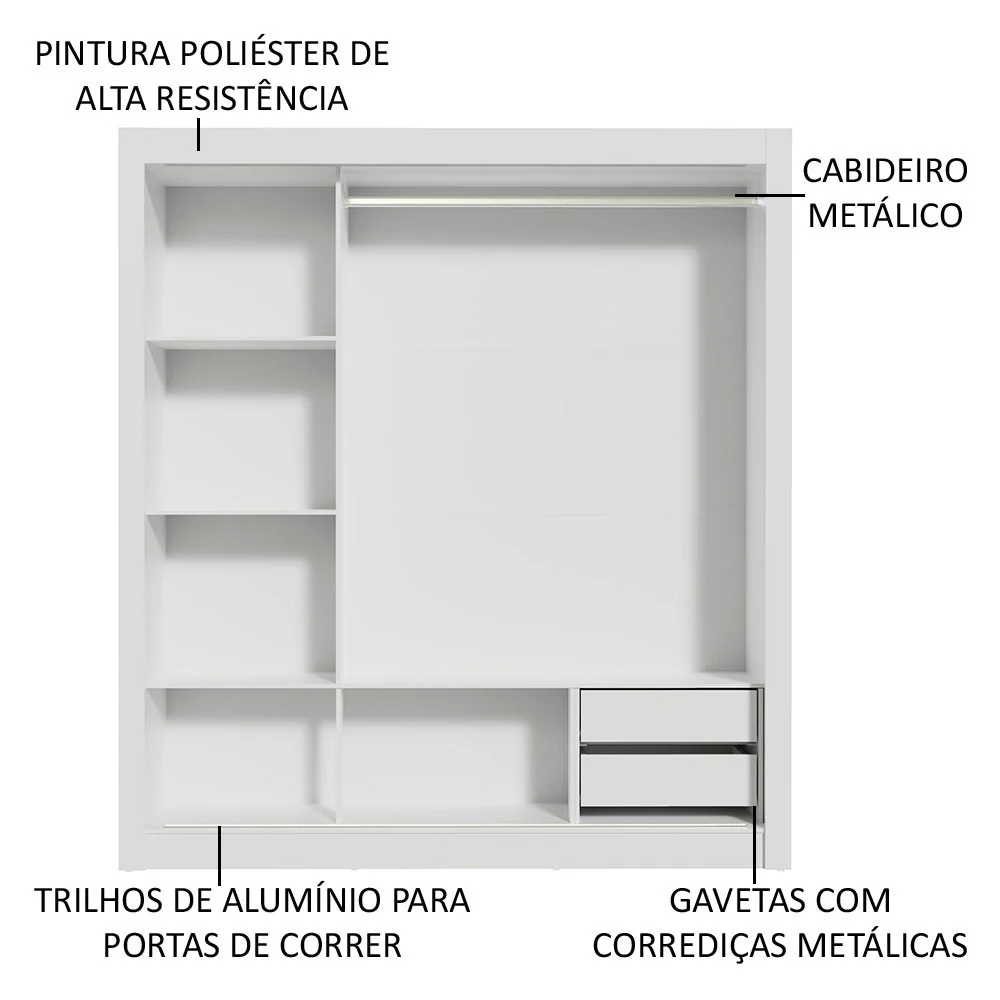 Guarda-Roupa Casal Madesa Lyon 3 Portas de Correr com Espelho 2 Gavetas Branco - Image 6