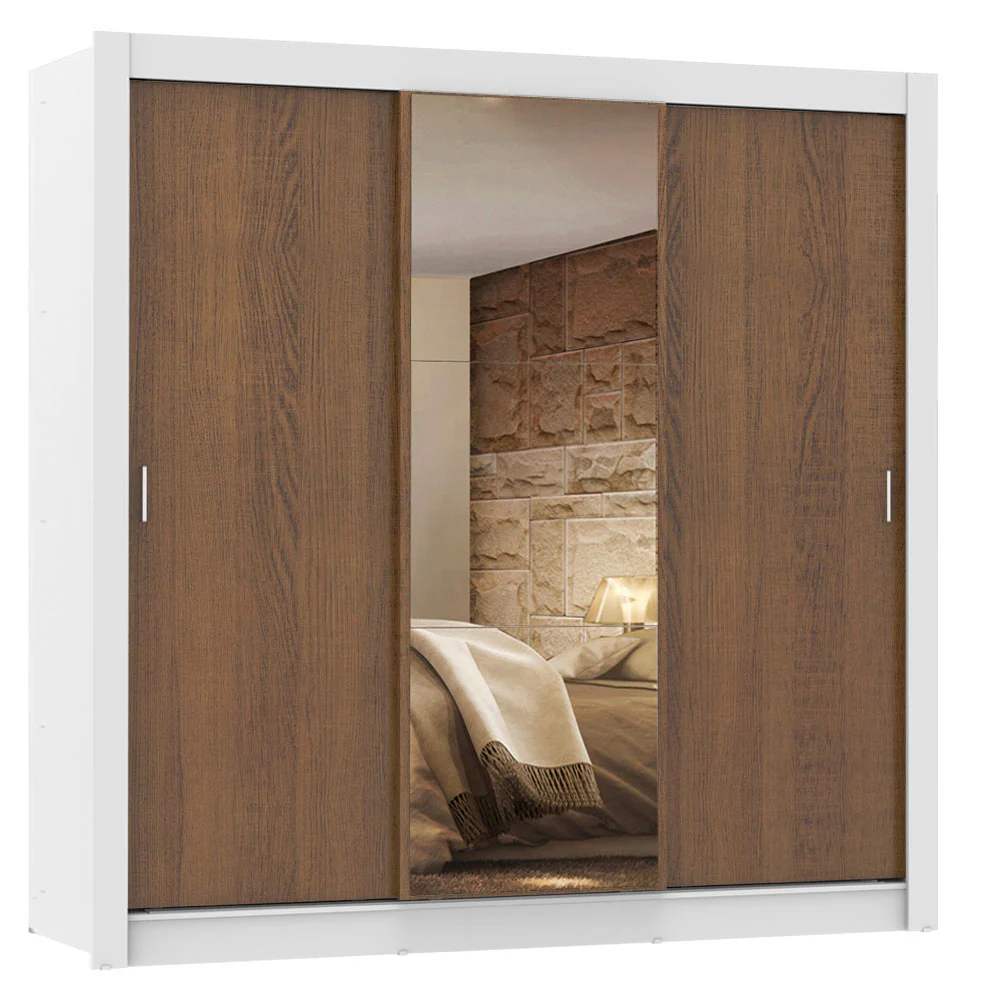 Guarda-Roupa Casal Madesa Lyon 3 Portas de Correr com Espelho 2 Gavetas Branco/Rustic - Image 2