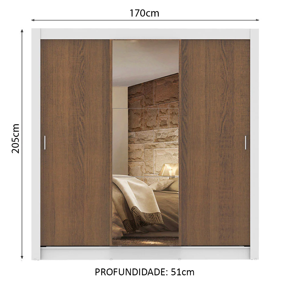 Guarda-Roupa Casal Madesa Lyon 3 Portas de Correr com Espelho 2 Gavetas Branco/Rustic - Image 3