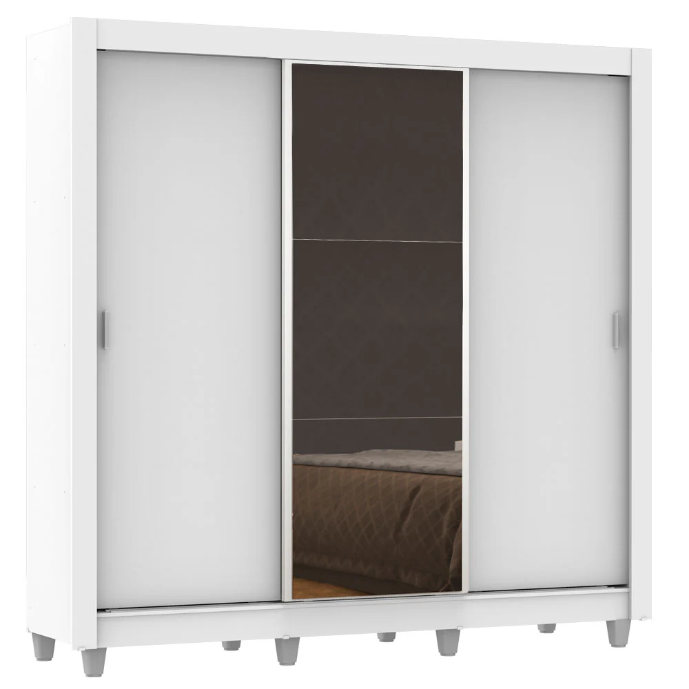 Guarda-Roupa Casal Madesa Lyon 3 Portas de Correr com Espelho 2 Gavetas com Pés Branco - Image 2