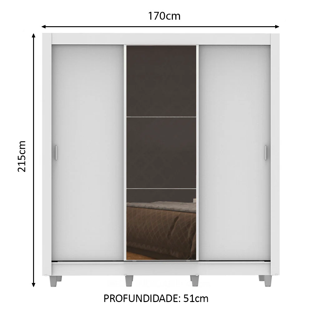 Guarda-Roupa Casal Madesa Lyon 3 Portas de Correr com Espelho 2 Gavetas com Pés Branco - Image 3