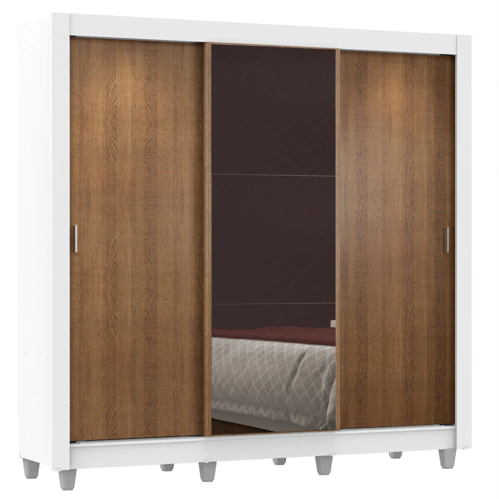 Guarda-Roupa Casal Madesa Lyon 3 Portas de Correr com Espelho 2 Gavetas com Pés Branco/Rustic - Image 2