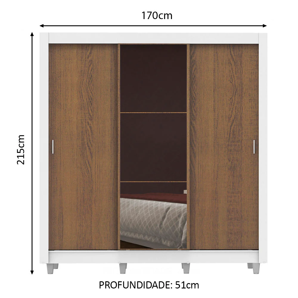 Guarda-Roupa Casal Madesa Lyon 3 Portas de Correr com Espelho 2 Gavetas com Pés Branco/Rustic - Image 3
