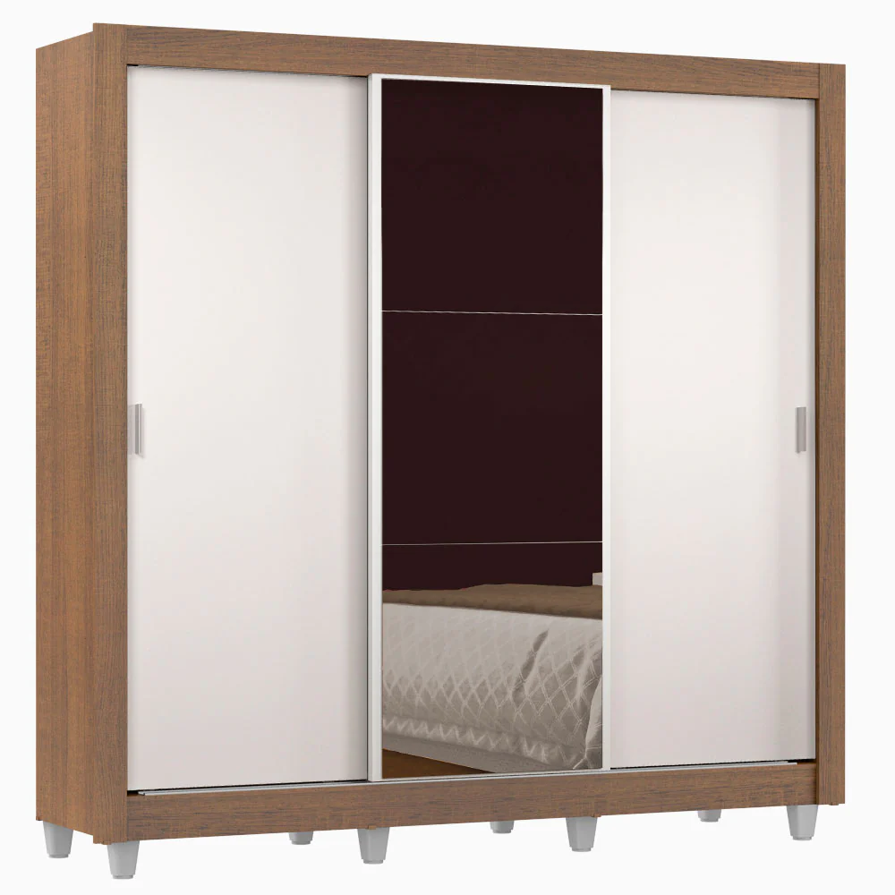 Guarda-Roupa Casal Madesa Lyon 3 Portas de Correr com Espelho 2 Gavetas com Pés Rustic/Branco - Image 2