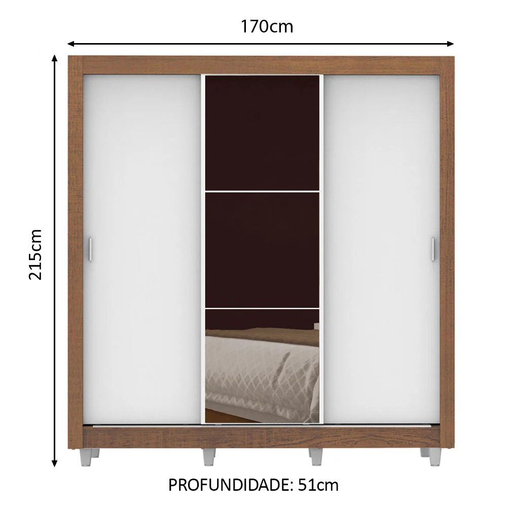 Guarda-Roupa Casal Madesa Lyon 3 Portas de Correr com Espelho 2 Gavetas com Pés Rustic/Branco - Image 3