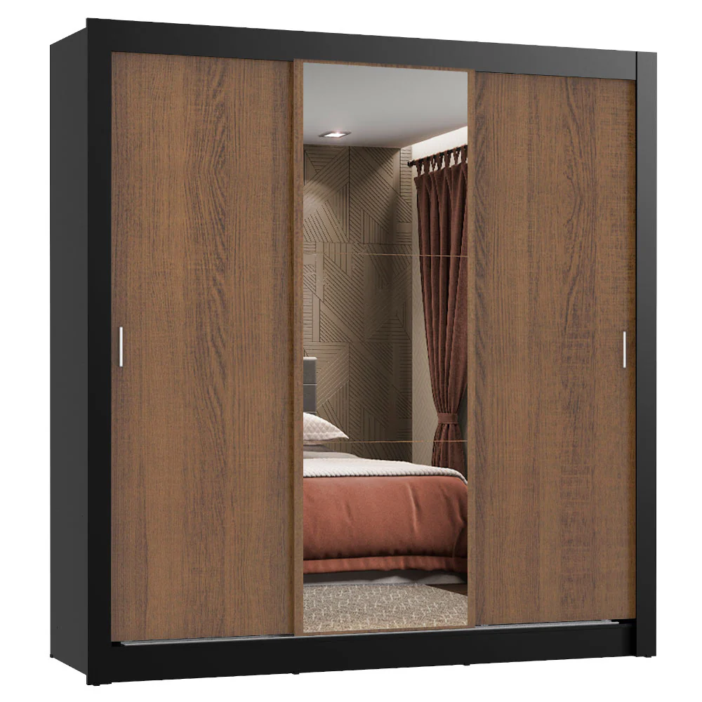 Guarda-Roupa Casal Madesa Lyon 3 Portas de Correr com Espelho 2 Gavetas Preto/Rustic - Image 2