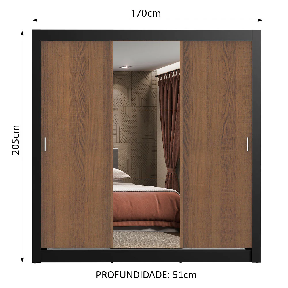 Guarda-Roupa Casal Madesa Lyon 3 Portas de Correr com Espelho 2 Gavetas Preto/Rustic - Image 3