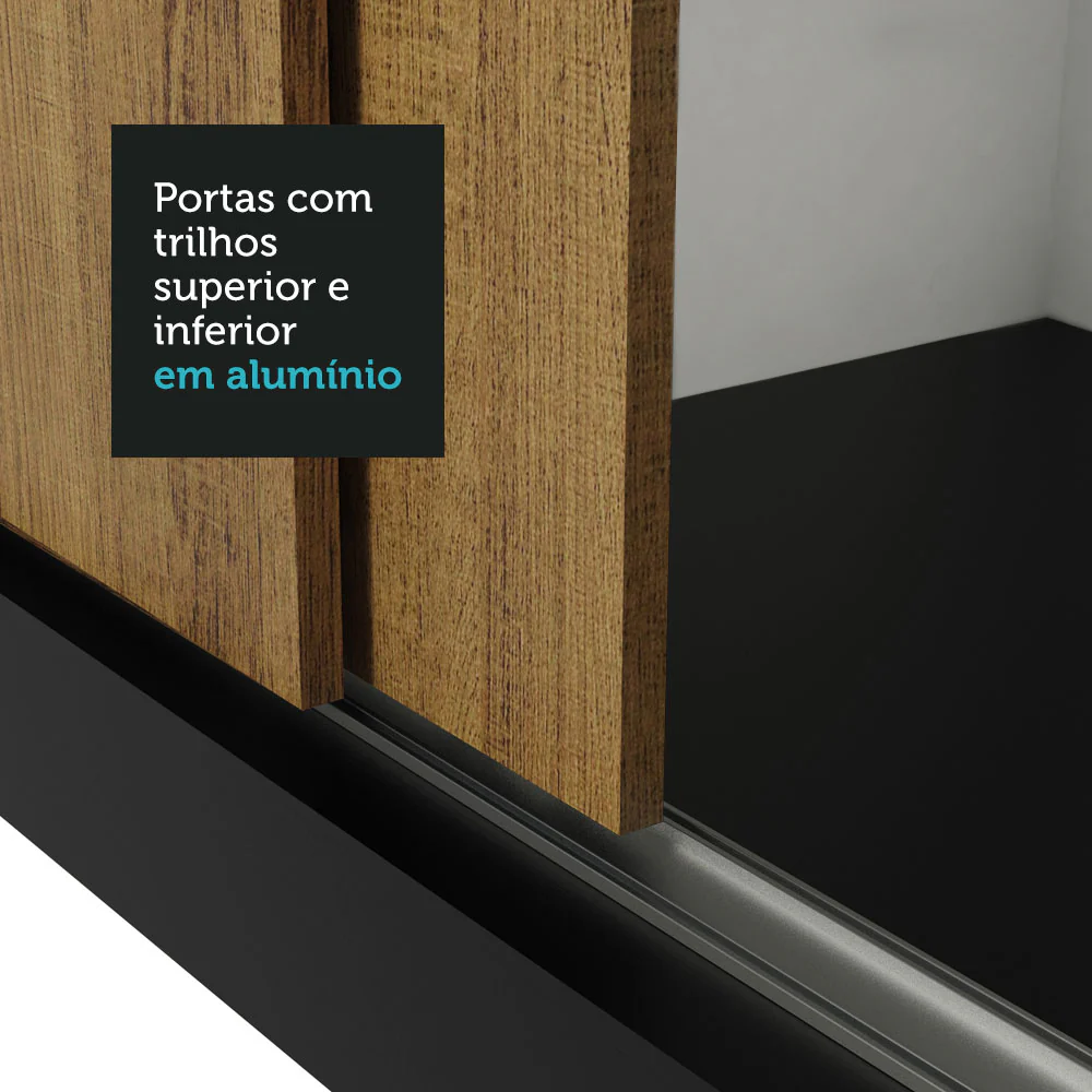 Guarda-Roupa Casal Madesa Lyon 3 Portas de Correr com Espelho 2 Gavetas Preto/Rustic - Image 8