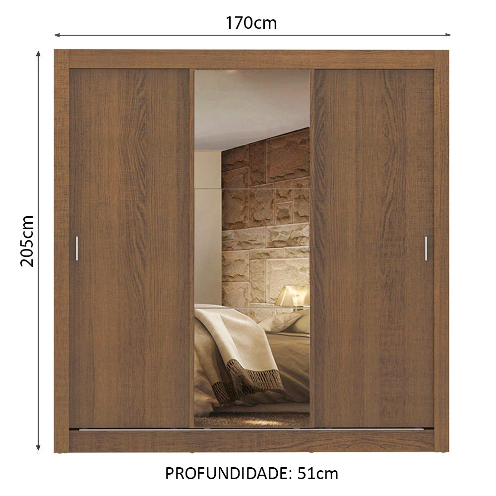 Guarda-Roupa Casal Madesa Lyon 3 Portas de Correr com Espelho 2 Gavetas Rustic - Image 3