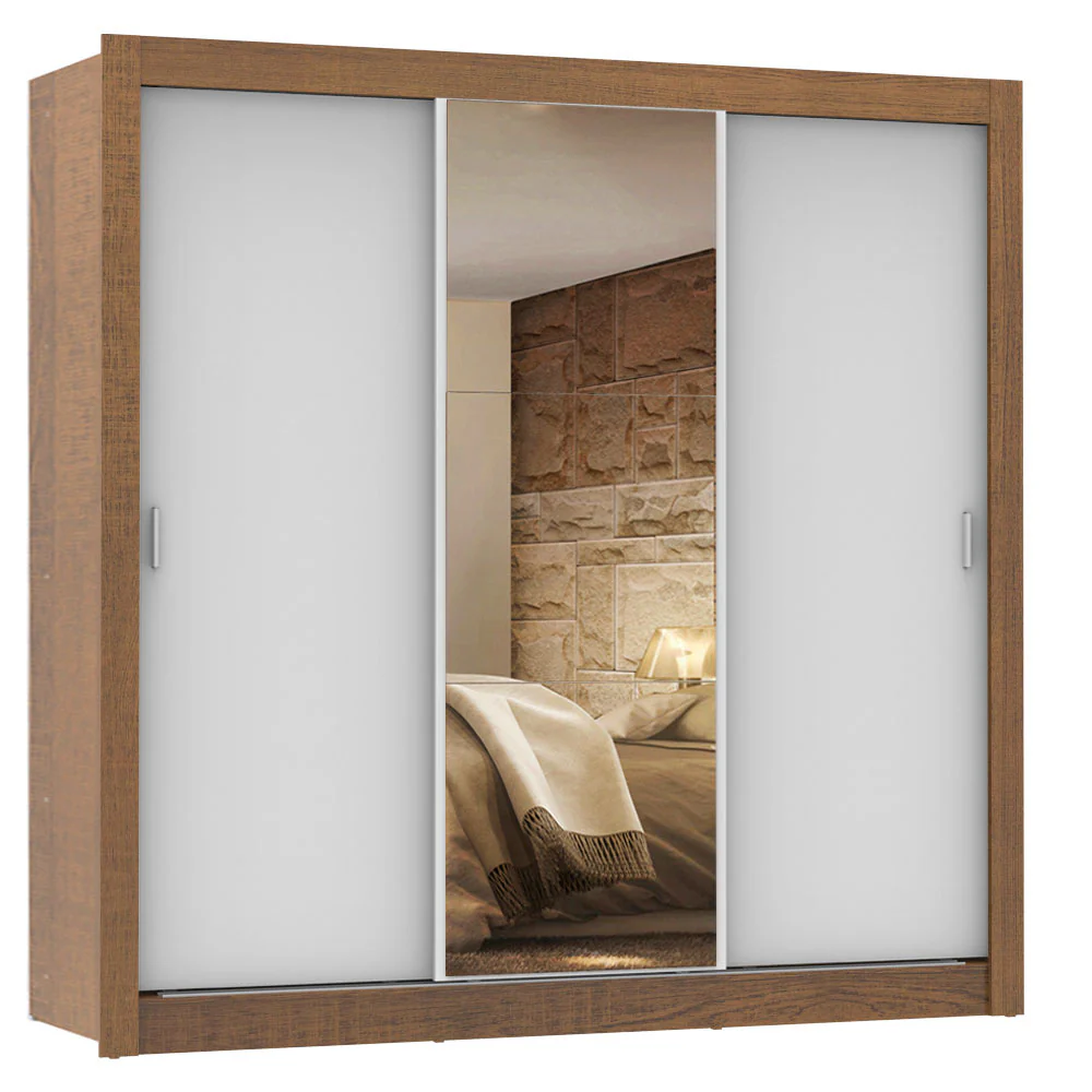 Guarda-Roupa Casal Madesa Lyon 3 Portas de Correr com Espelho 2 Gavetas Rustic/Branco - Image 2