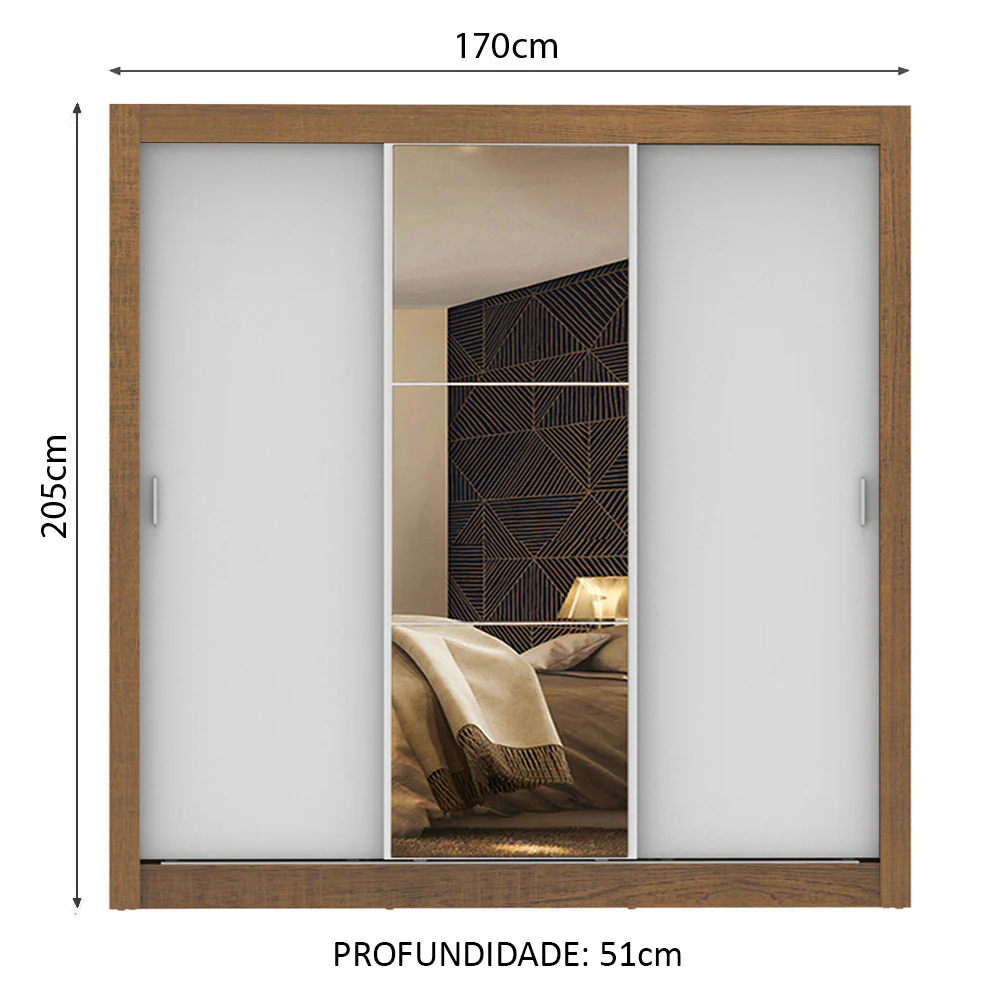 Guarda-Roupa Casal Madesa Lyon 3 Portas de Correr com Espelho 2 Gavetas Rustic/Branco - Image 3