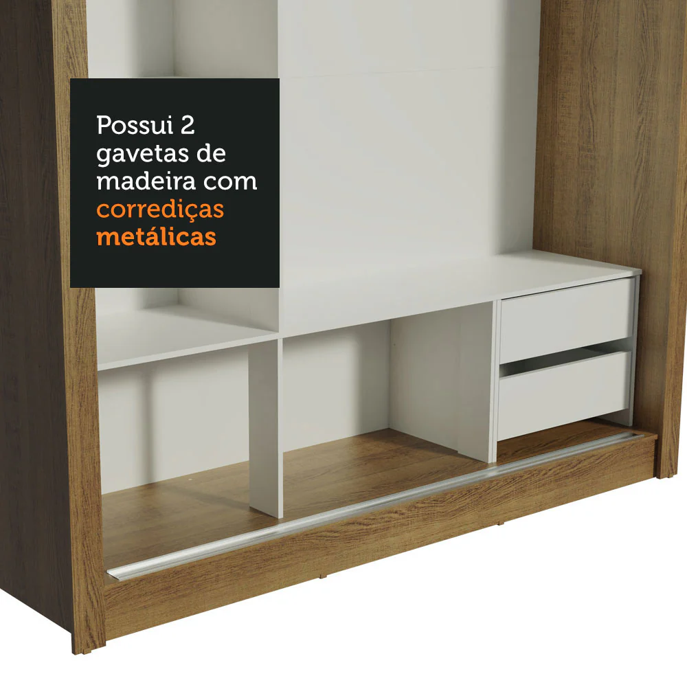 Guarda-Roupa Casal Madesa Lyon 3 Portas de Correr com Espelho 2 Gavetas Rustic/Branco - Image 9