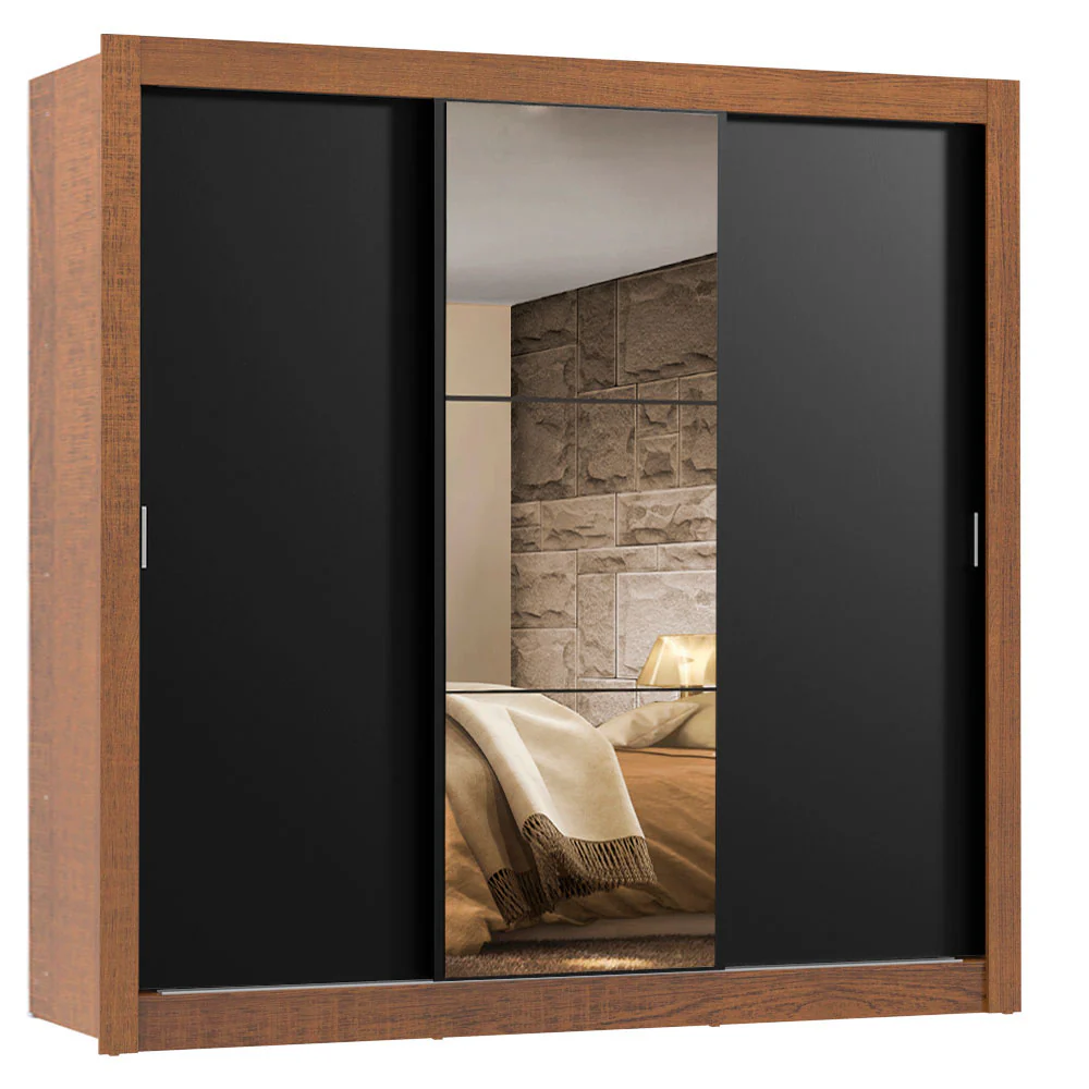 Guarda-Roupa Casal Madesa Lyon 3 Portas de Correr com Espelho 2 Gavetas Rustic/Preto - Image 2
