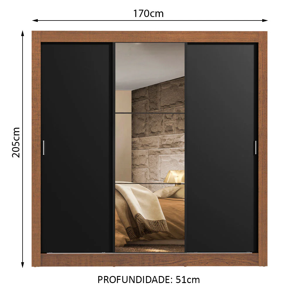Guarda-Roupa Casal Madesa Lyon 3 Portas de Correr com Espelho 2 Gavetas Rustic/Preto - Image 3