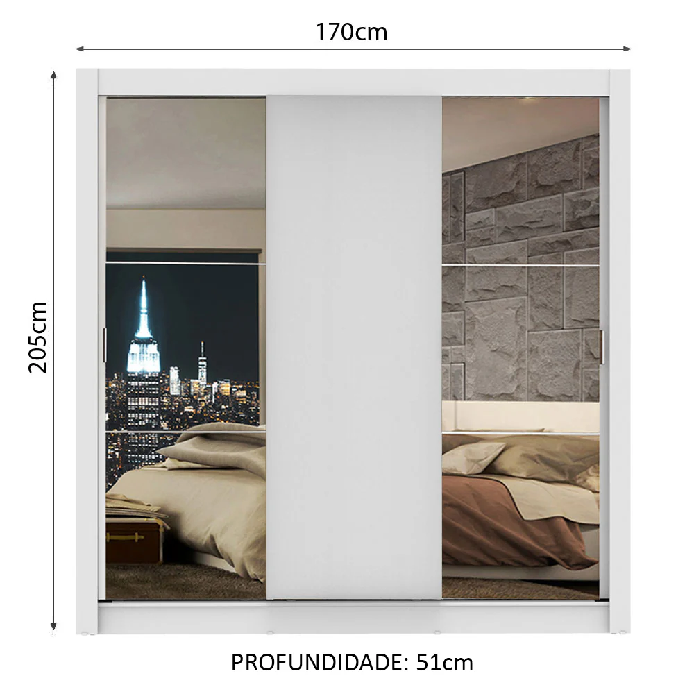 Guarda-Roupa Casal Madesa Lyon 3 Portas de Correr com Espelhos 2 Gavetas Branco - Image 3
