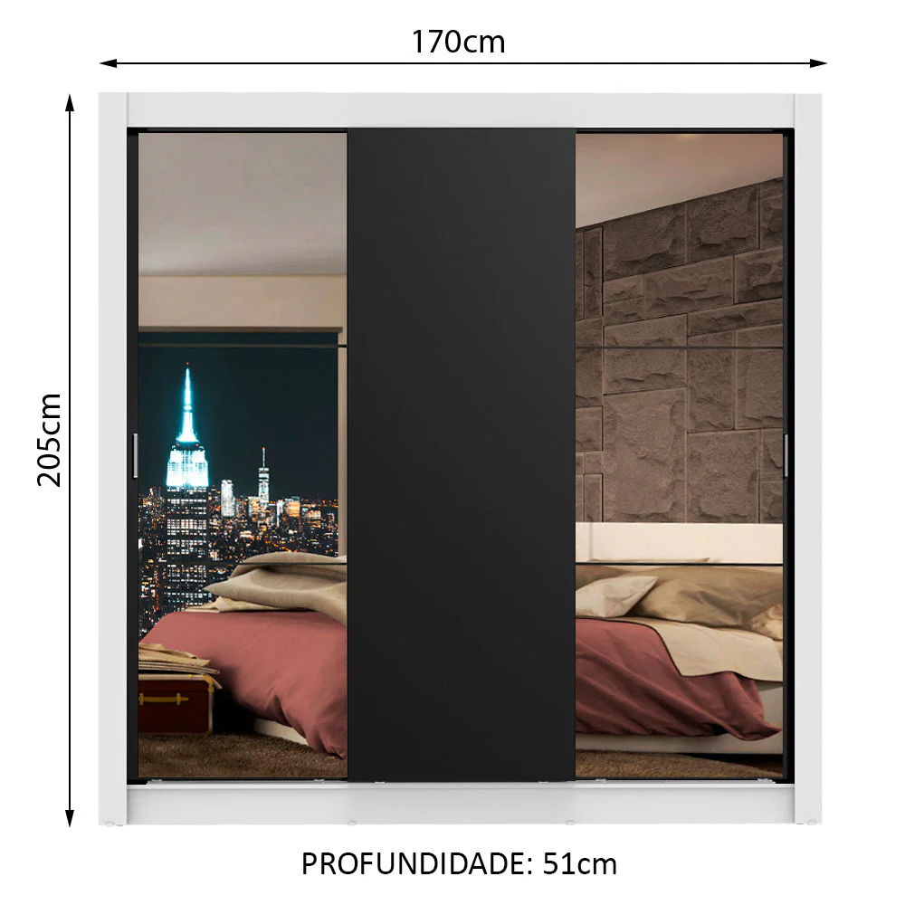 Guarda-Roupa Casal Madesa Lyon 3 Portas de Correr com Espelhos 2 Gavetas Branco/Preto - Image 3