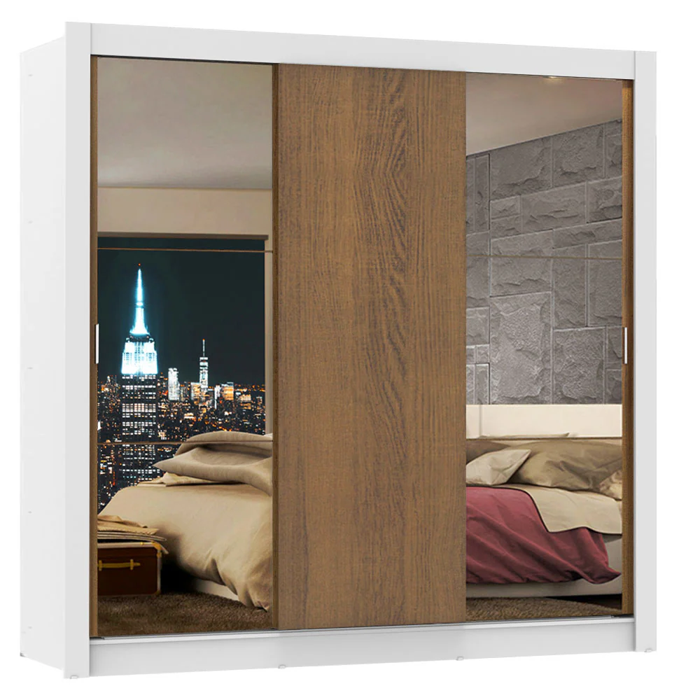 Guarda-Roupa Casal Madesa Lyon 3 Portas de Correr com Espelhos 2 Gavetas Branco/Rustic - Image 2