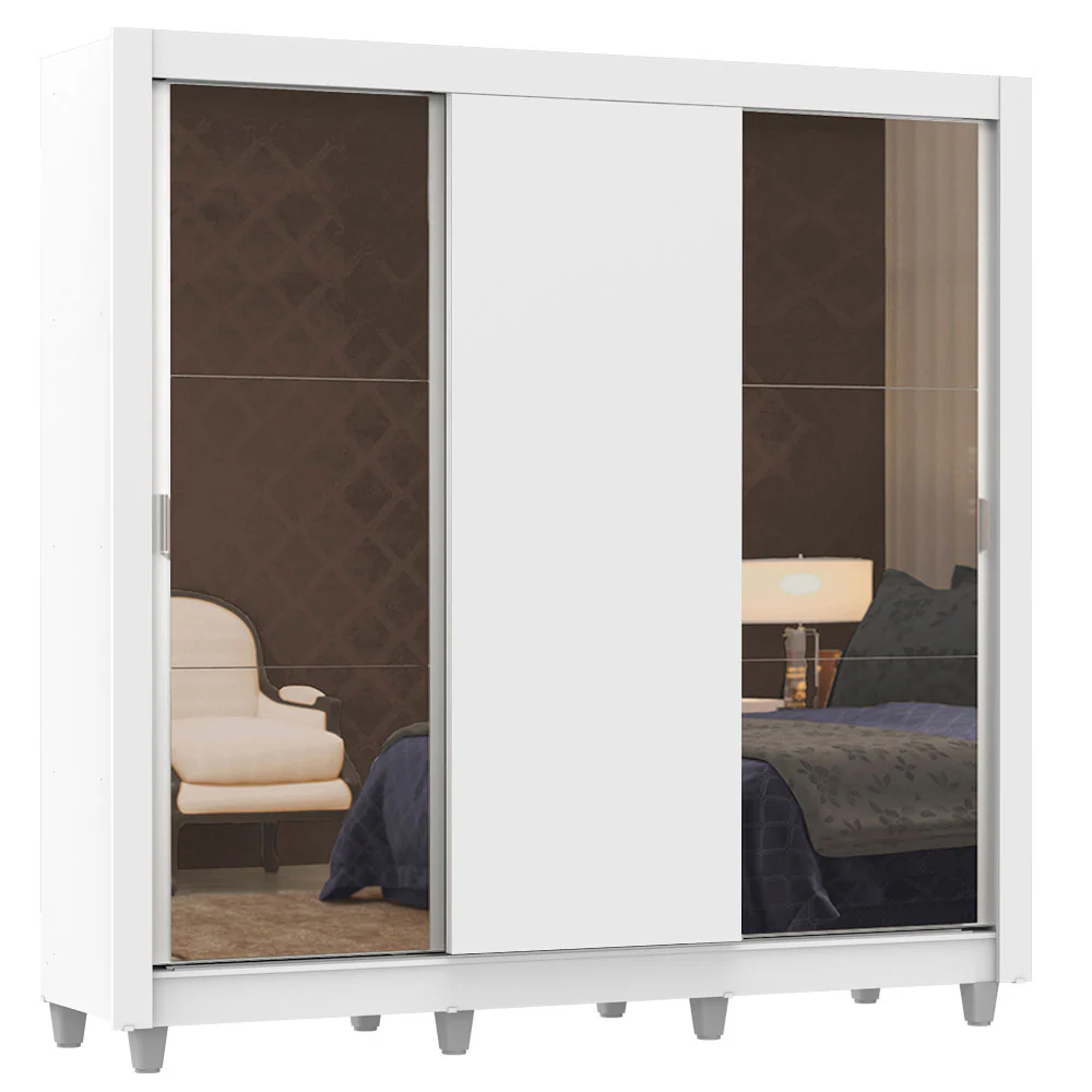 Guarda-Roupa Casal Madesa Lyon 3 Portas de Correr com Espelhos 2 Gavetas com Pés Branco - Image 2