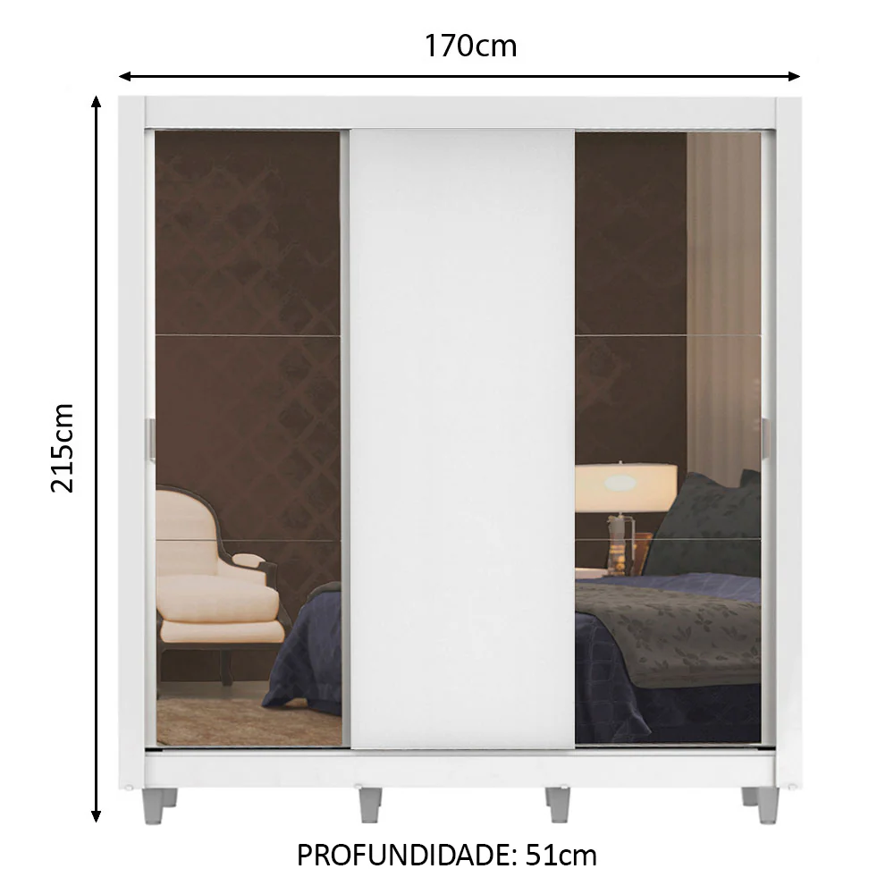 Guarda-Roupa Casal Madesa Lyon 3 Portas de Correr com Espelhos 2 Gavetas com Pés Branco - Image 3