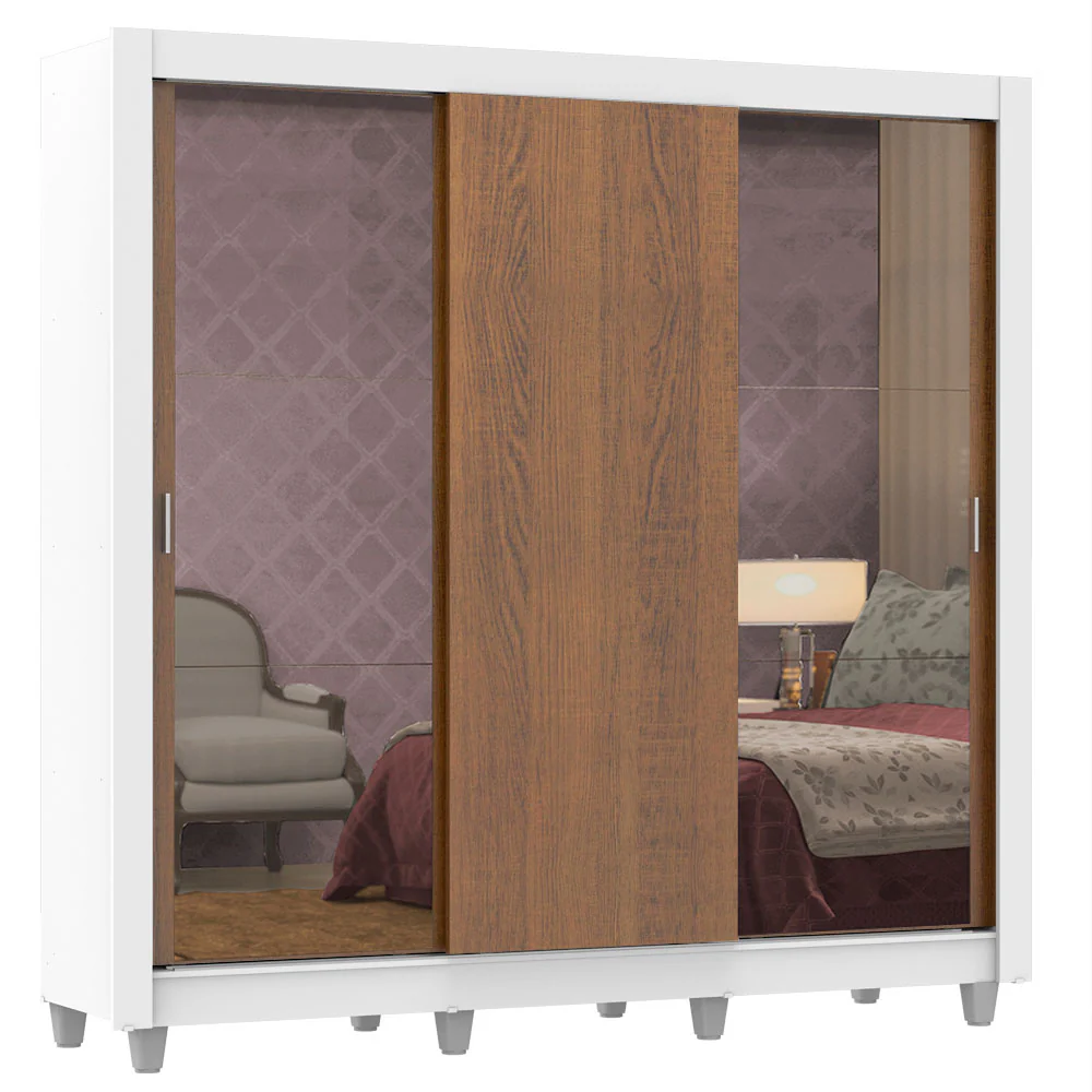 Guarda-Roupa Casal Madesa Lyon 3 Portas de Correr com Espelhos 2 Gavetas com Pés Branco/Rustic - Image 2