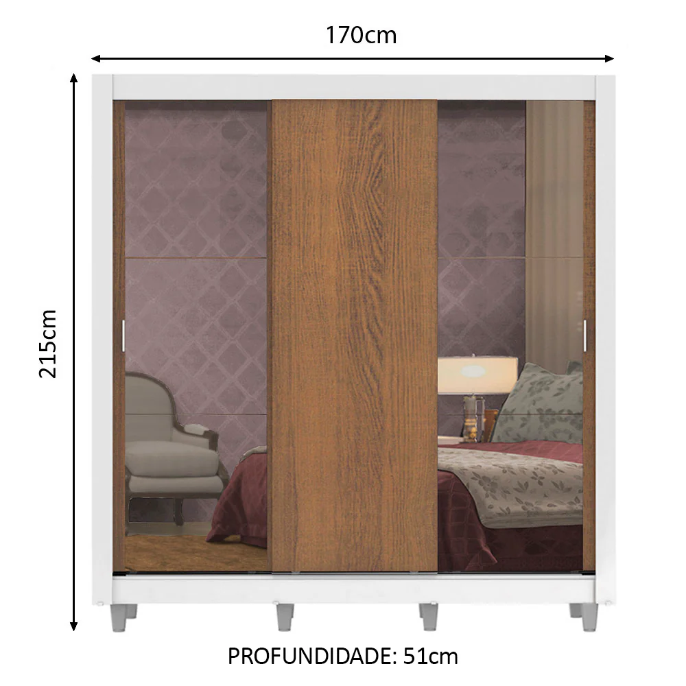 Guarda-Roupa Casal Madesa Lyon 3 Portas de Correr com Espelhos 2 Gavetas com Pés Branco/Rustic - Image 3