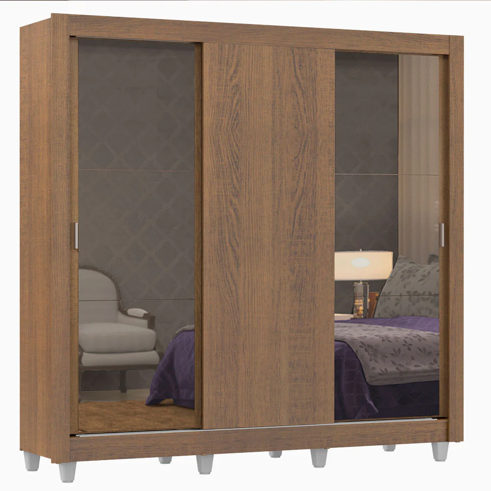 Guarda-Roupa Casal Madesa Lyon 3 Portas de Correr com Espelhos 2 Gavetas com Pés Rustic - Image 2