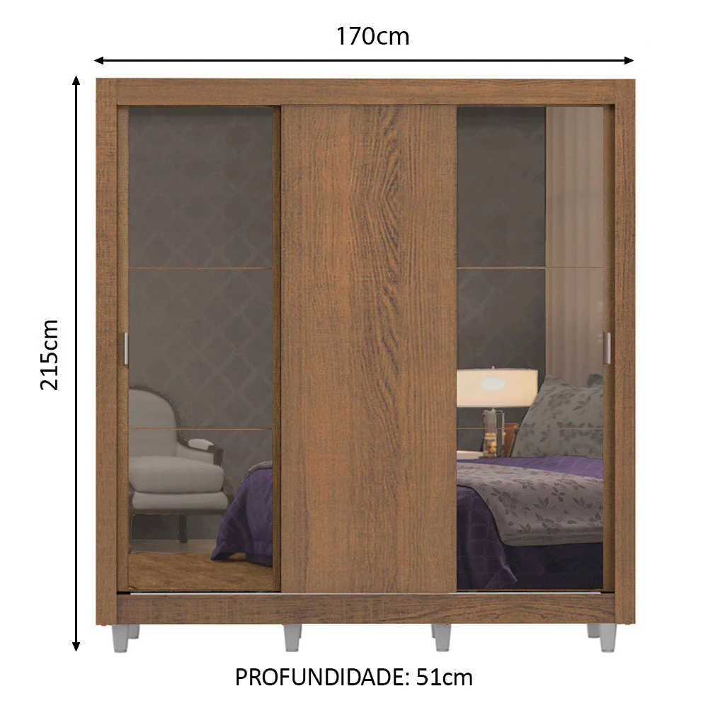 Guarda-Roupa Casal Madesa Lyon 3 Portas de Correr com Espelhos 2 Gavetas com Pés Rustic - Image 3
