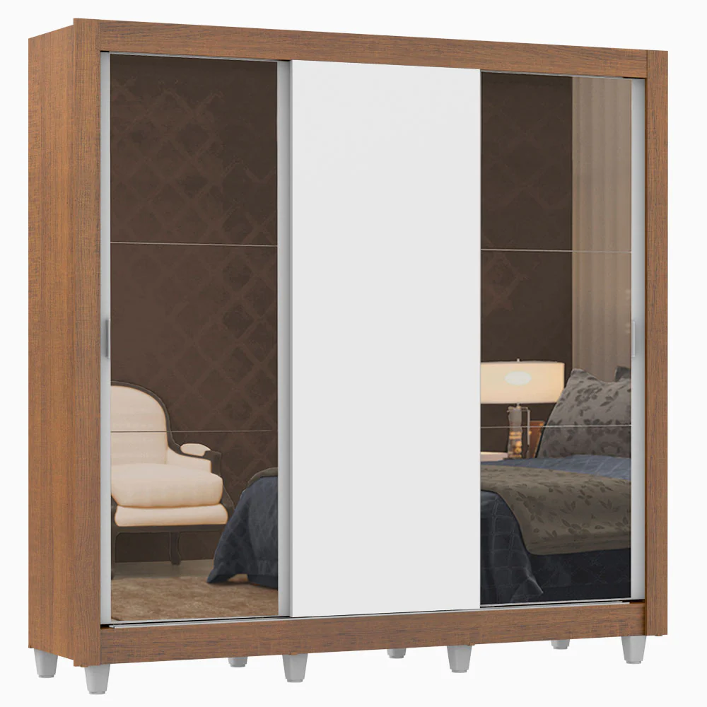 Guarda-Roupa Casal Madesa Lyon 3 Portas de Correr com Espelhos 2 Gavetas com Pés Rustic/Branco - Image 2