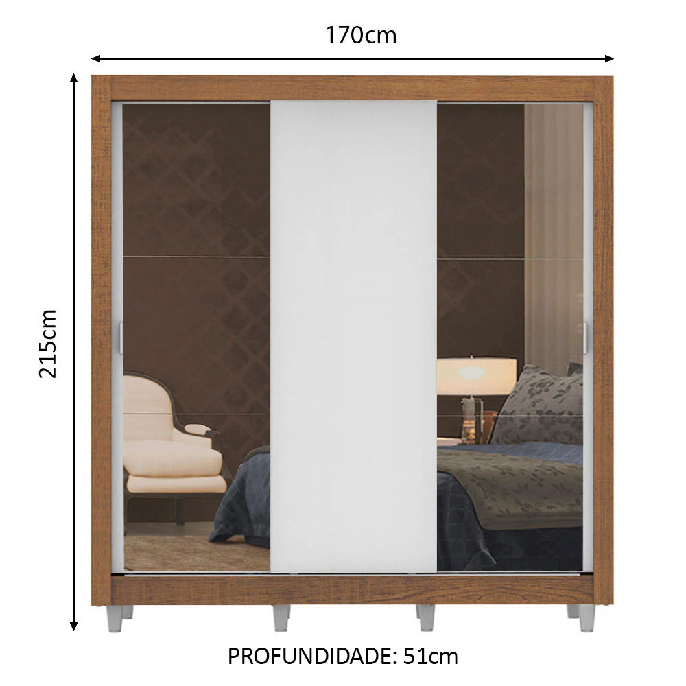 Guarda-Roupa Casal Madesa Lyon 3 Portas de Correr com Espelhos 2 Gavetas com Pés Rustic/Branco - Image 3