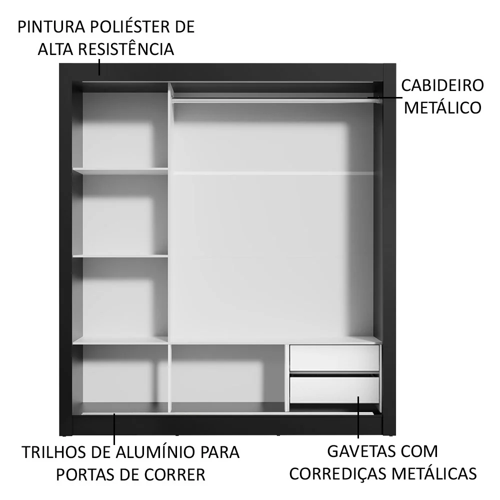 Guarda-Roupa Casal Madesa Lyon 3 Portas de Correr com Espelhos 2 Gavetas Preto - Image 6