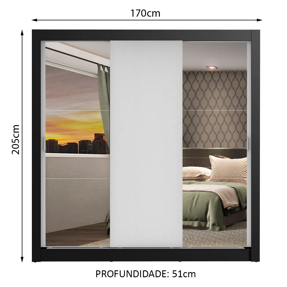 Guarda-Roupa Casal Madesa Lyon 3 Portas de Correr com Espelhos 2 Gavetas Preto/Branco - Image 3