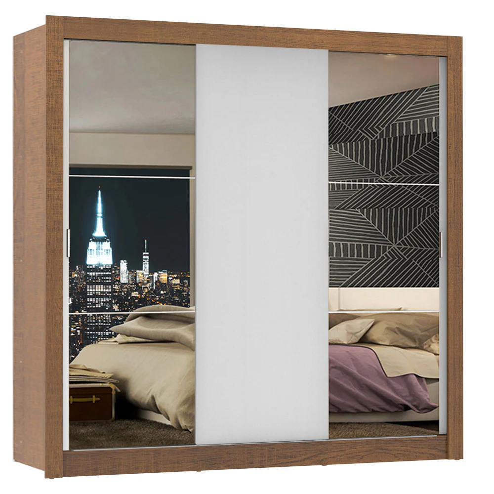 Guarda-Roupa Casal Madesa Lyon 3 Portas de Correr com Espelhos 2 Gavetas Rustic/Branco - Image 2