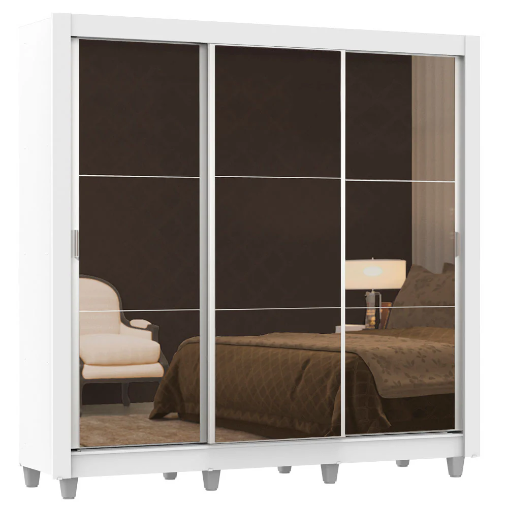 Guarda-Roupa Casal Madesa Lyon 3 Portas de Correr de Espelho 2 Gavetas com Pés Branco - Image 2