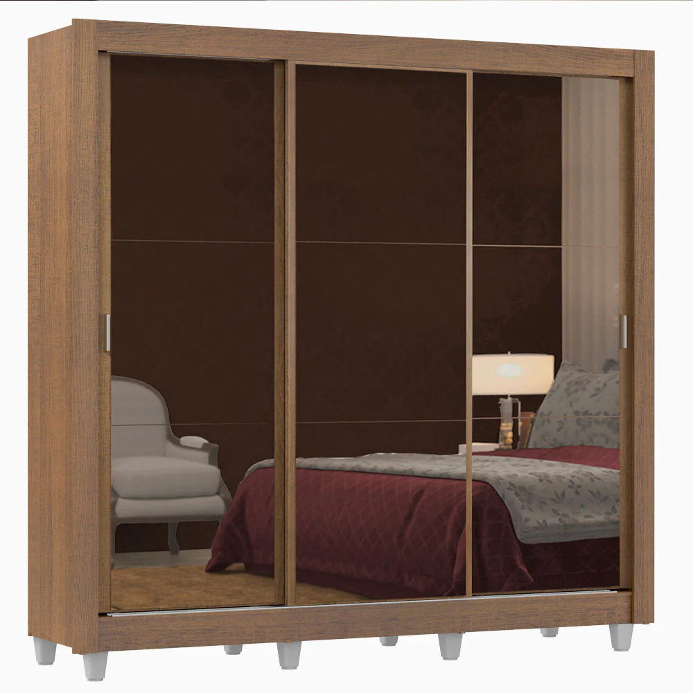 Guarda-Roupa Casal Madesa Lyon 3 Portas de Correr de Espelho 2 Gavetas com Pés Rustic - Image 2