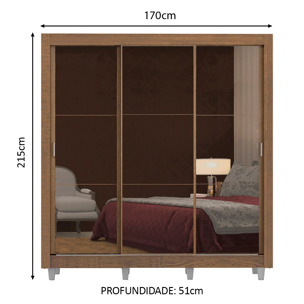 Guarda-Roupa Casal Madesa Lyon 3 Portas de Correr de Espelho 2 Gavetas com Pés Rustic - Image 3